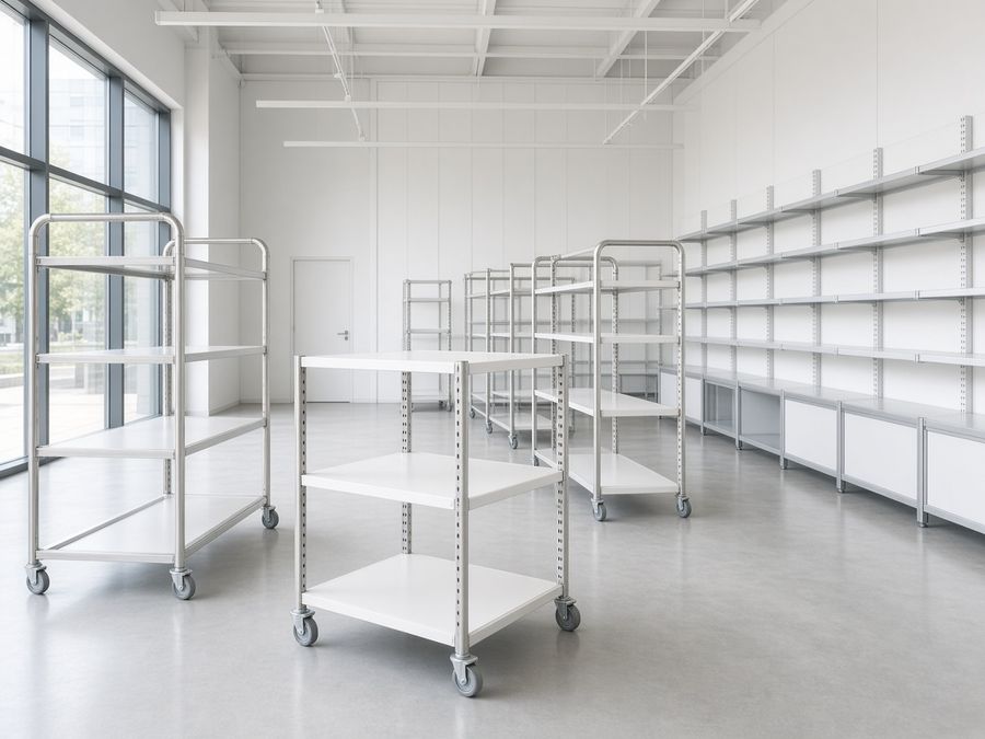 Metal shop shelving and mobile display stands in a bright showroom.