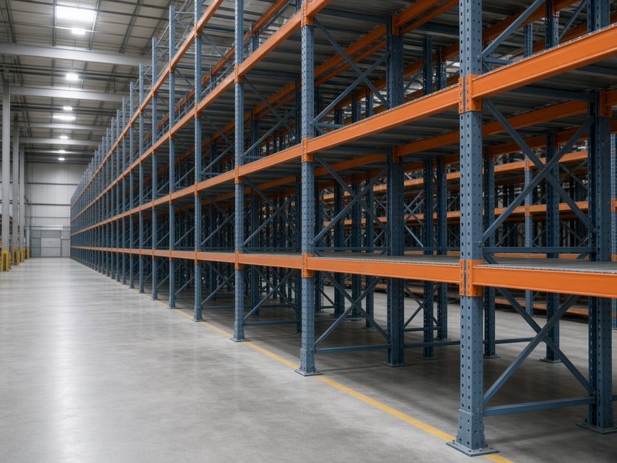 Tall warehouse pallet racking in an empty storage aisle.