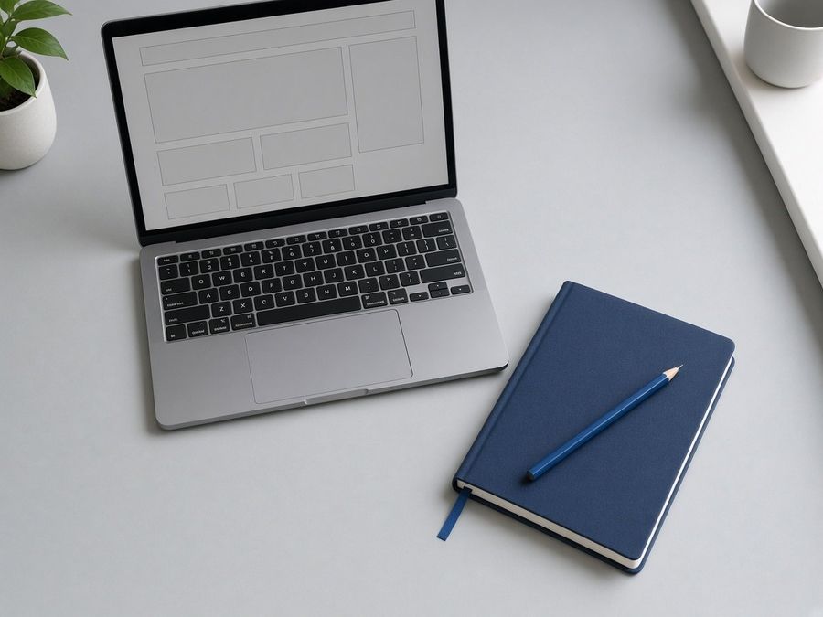 A laptop showing a blank website wireframe beside a notebook and a pencil.