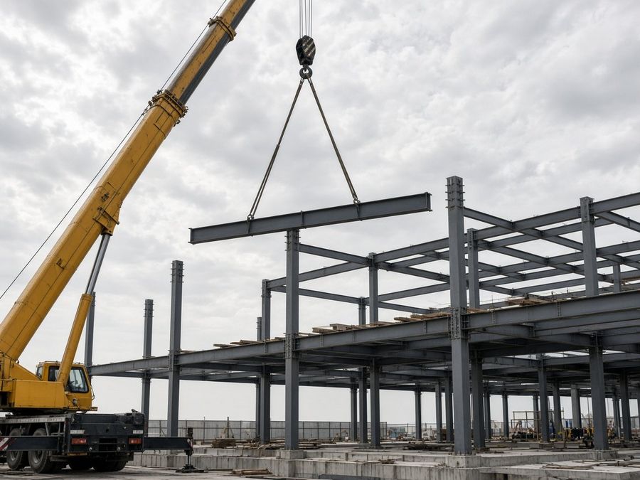 A crane lifting a steel beam into a building frame.