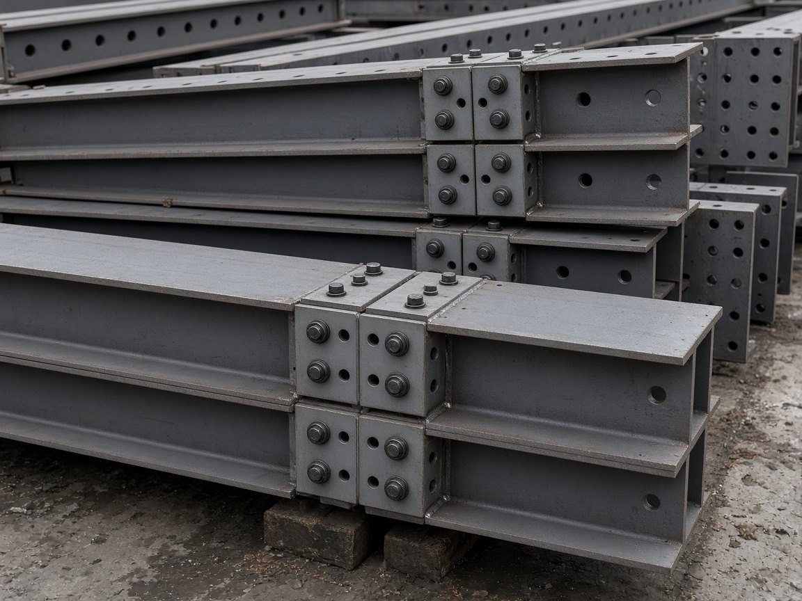 Fabricated steel beams and columns with bolted splice plates in a yard.