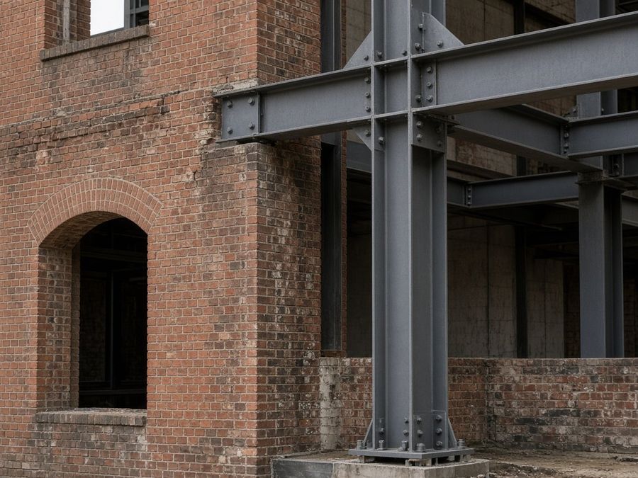 New steelwork tied into an older brick industrial building.