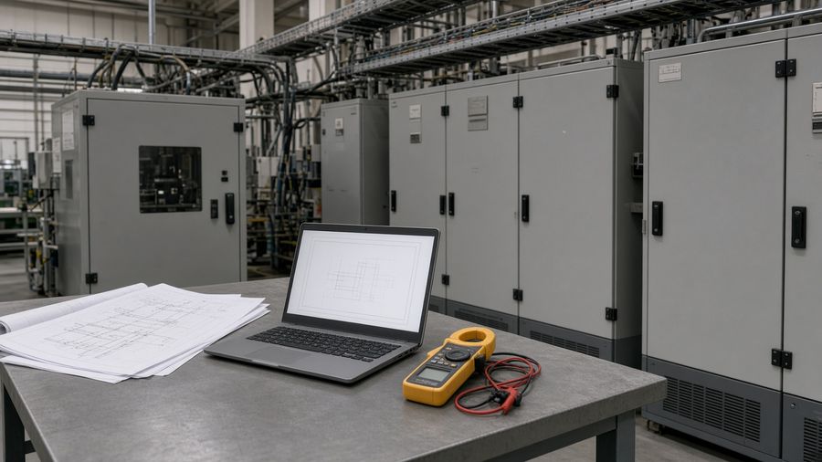 Engineering workstation beside industrial electrical cabinets, with drawings and a clamp meter.