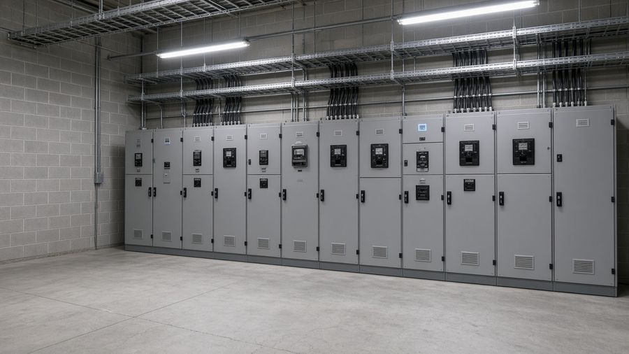 Industrial electrical distribution room with closed switchgear cabinets and overhead cable trays.