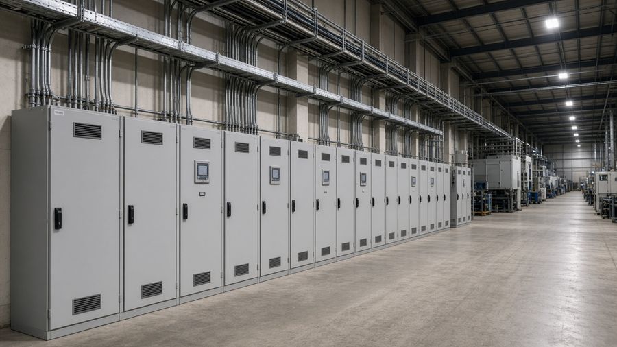Factory electrical installation with cable trays, cabinets, and equipment connections.