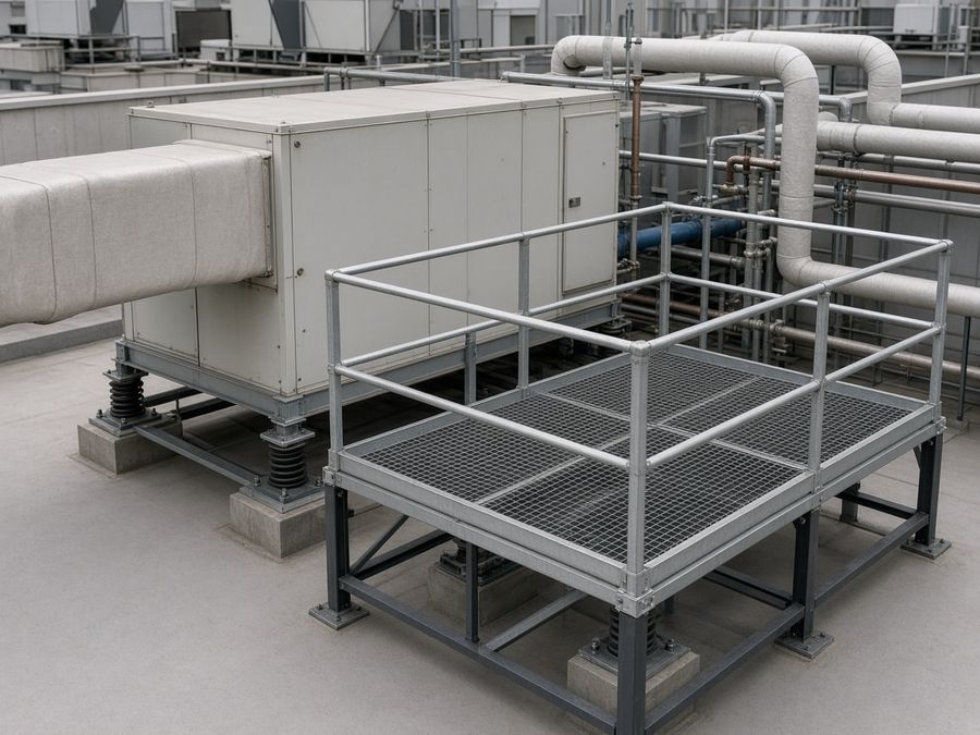 Commercial air-handling unit with insulated ducts and chilled-water piping on a service platform.