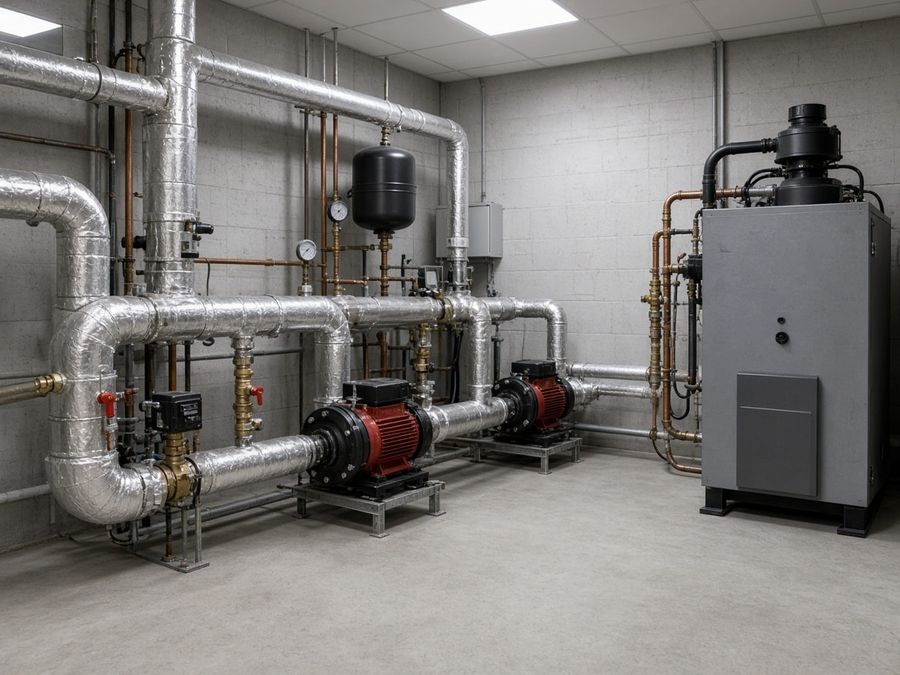 Insulated heating pipes, valves and circulation pumps in a mechanical room.