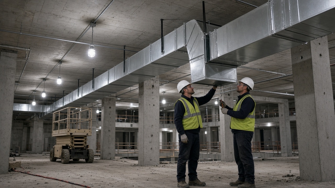 Technicians inspecting ceiling HVAC ductwork inside a commercial building under construction.