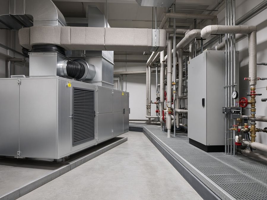 Integrated mechanical room with an air-handling unit, ducts, heating piping and a control cabinet.