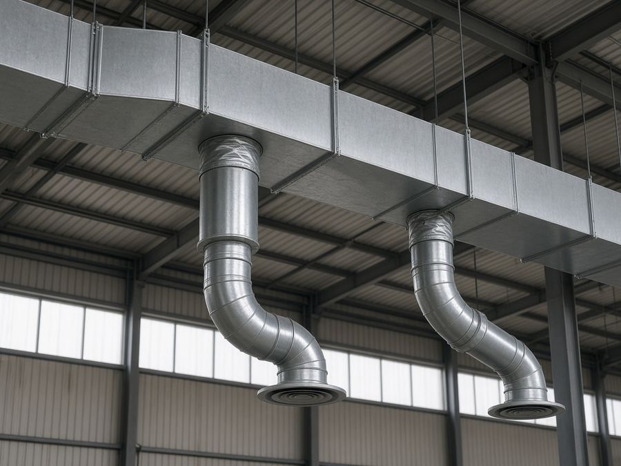 Rectangular and round steel ventilation ducts installed along an industrial ceiling.