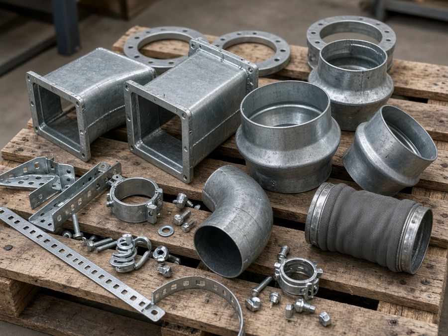 Ventilation duct elbows, reducers, flanges, hangers and flexible connectors on a workshop pallet.