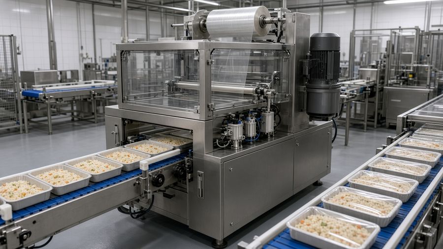Automated tray-sealing line for prepared meals with infeed and outfeed conveyors.