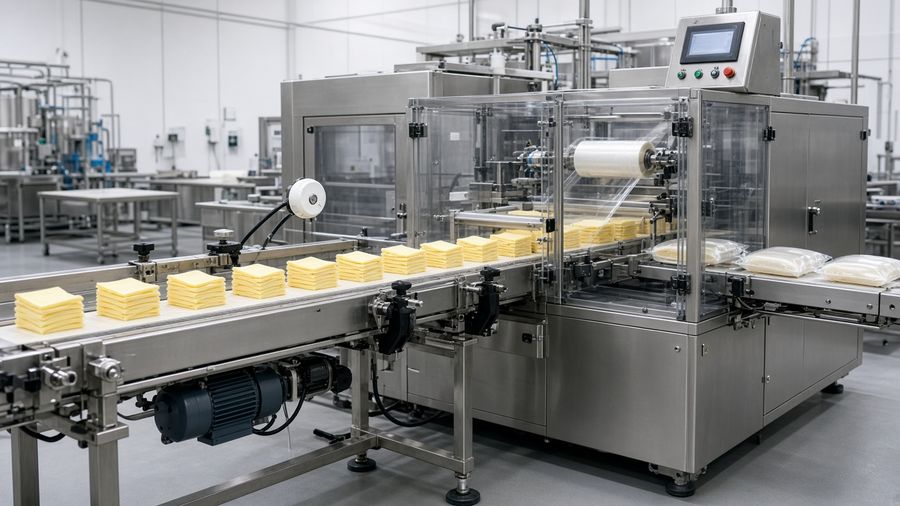 Hygienic dairy line slicing and packing cheese on stainless-steel equipment.