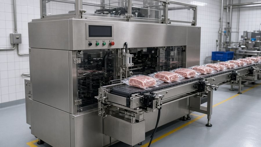 Stainless-steel industrial meat packaging line with vacuum-packed portions on a conveyor.