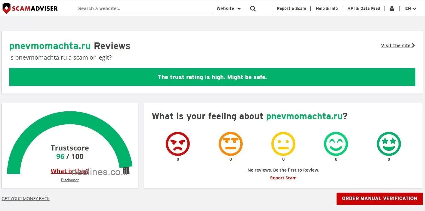 ScamAdviser snapshot of the Pnevmomachta website showing a trust score of 96 out of 100, a high trust-rating banner, and zero user reviews.