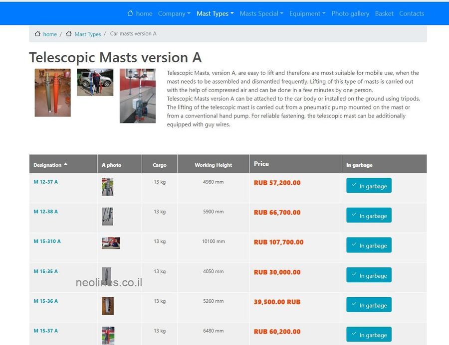 Screenshot of a Pnevmomachta catalog page for telescopic masts, including product photographs, specifications, and a comparison table.
