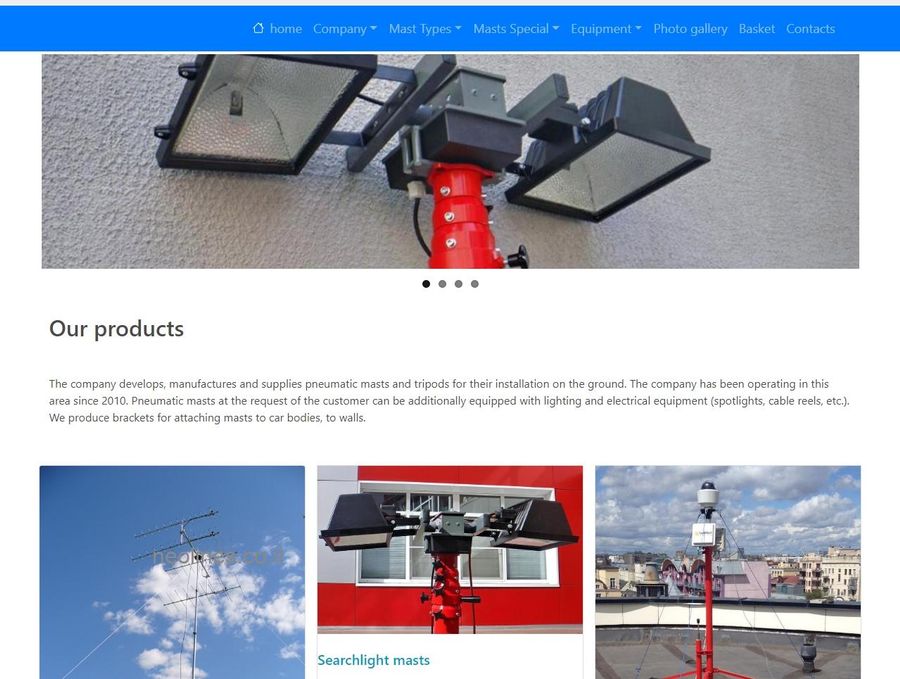 Screenshot of the Pnevmomachta website homepage, with a product slider, company introduction, and application photographs.