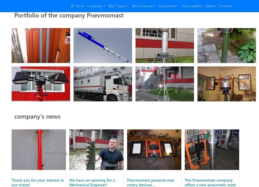 Screenshot of the Pnevmomachta website portfolio and news layout, with a photo grid of mast installations and company updates.