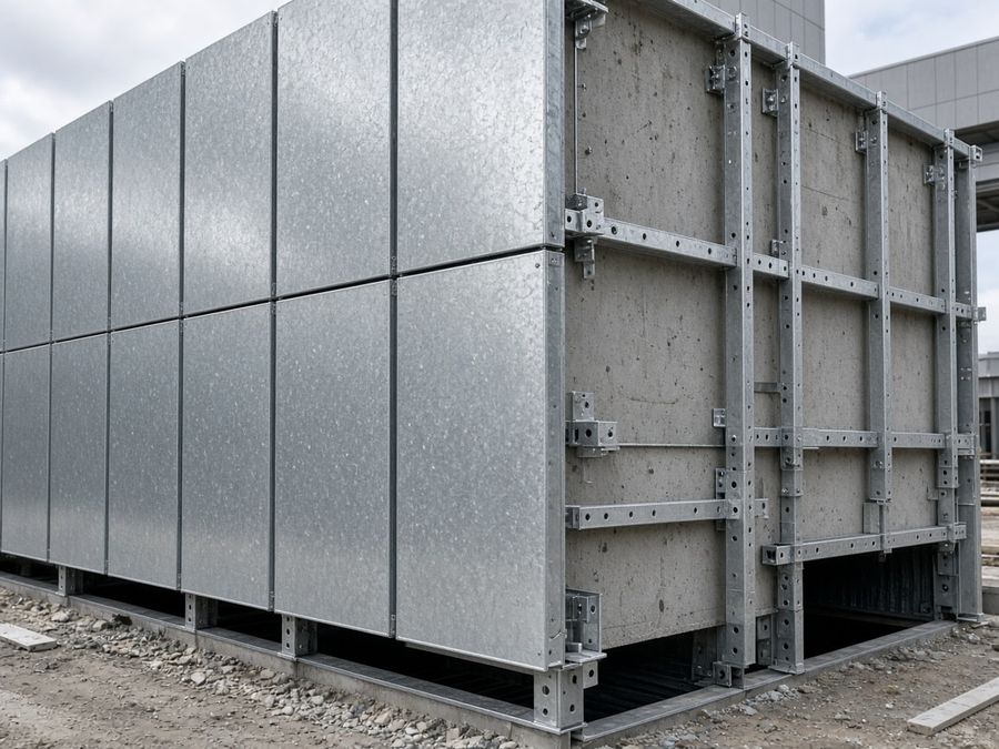 Galvanized steel facade cassettes on an industrial building, with mounting rails and brackets exposed at an unfinished bay.