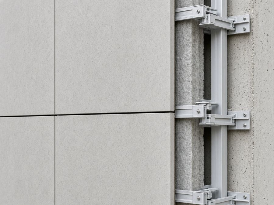 Natural stone ventilated cladding with aluminum brackets, rails and insulation visible at an unfinished edge.