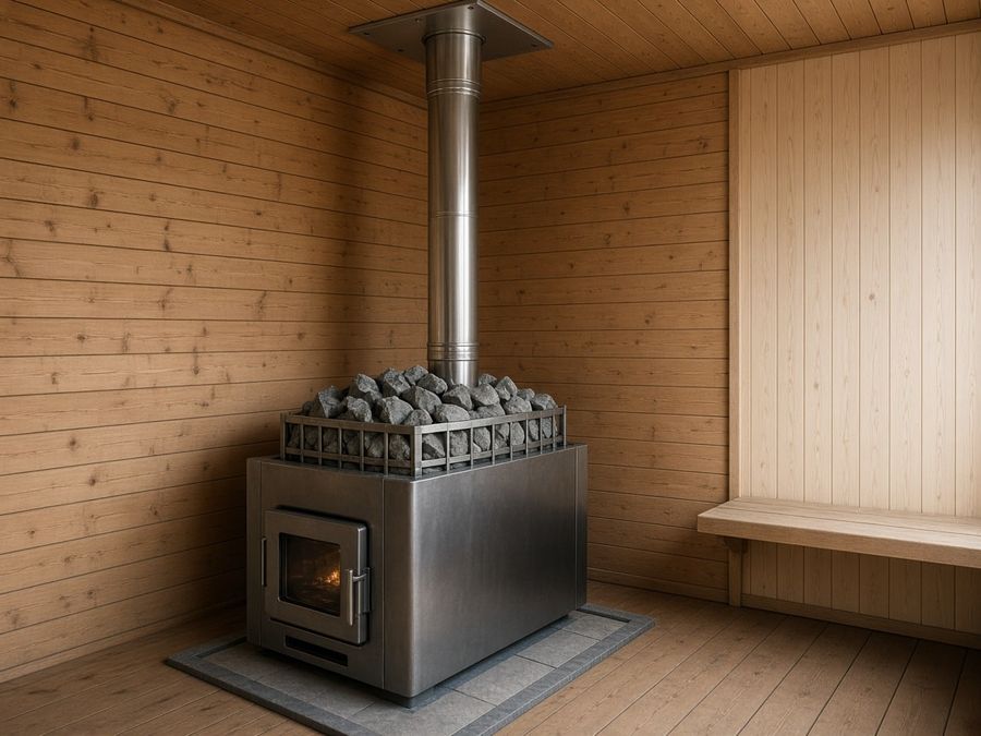 Wood-fired sauna stove with stones and a stainless flue passing through a ceiling support plate.