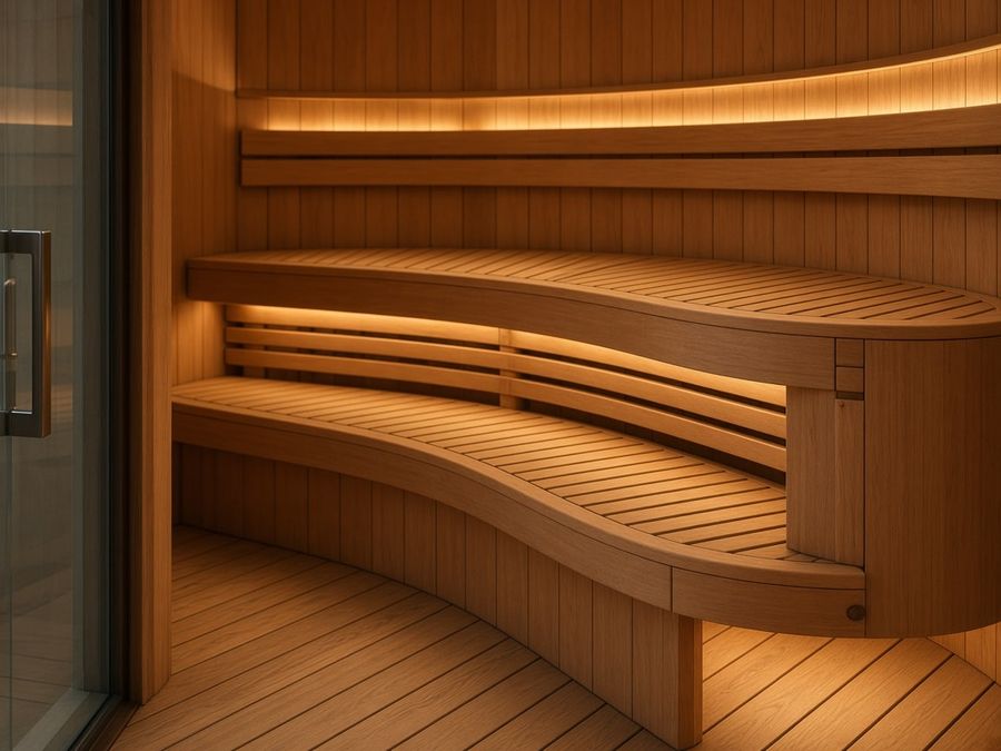 Curved sauna benches with ventilated gaps, warm under-bench lighting, and precise wood joinery.