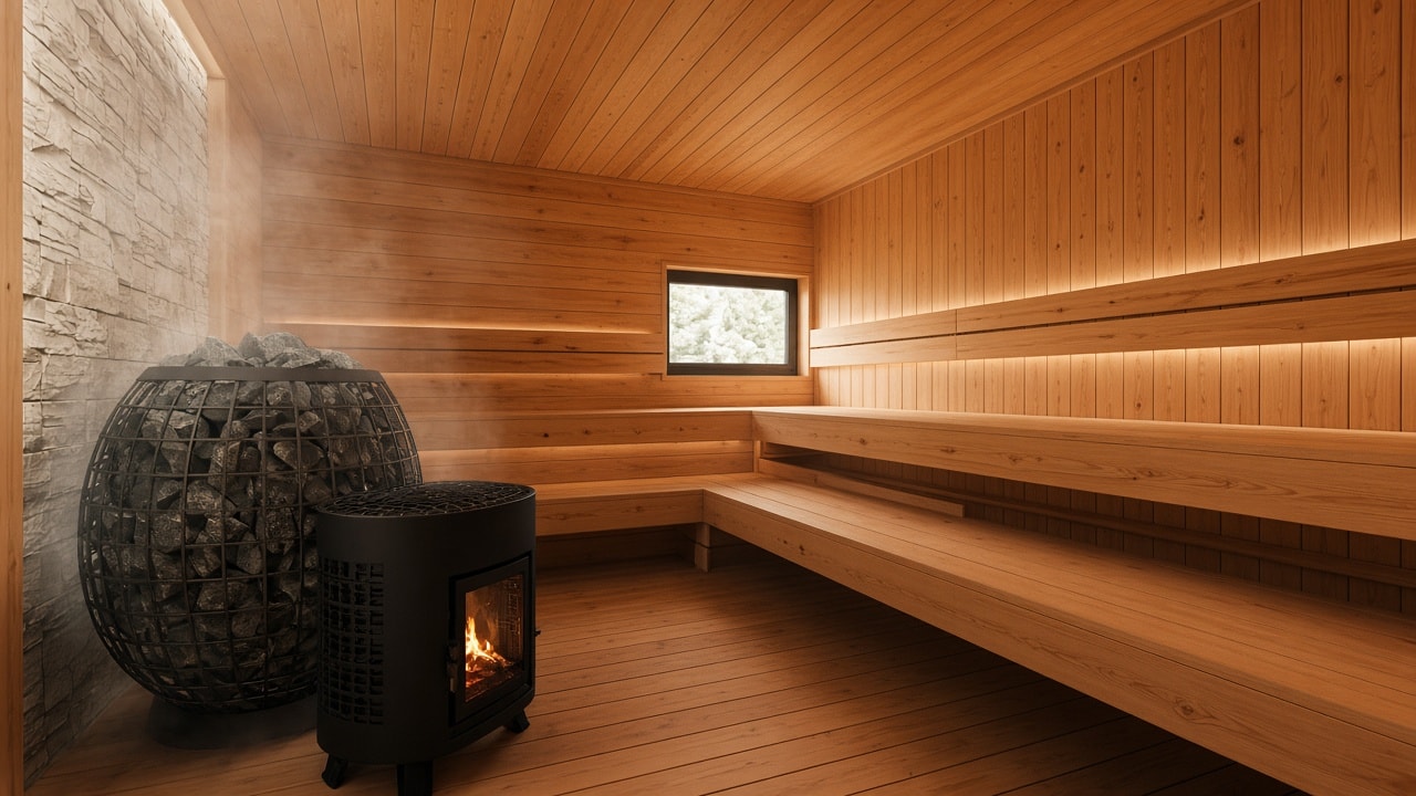 Completed honey-wood sauna with tiered benches, a wood stove, and a stone-filled heater beside a masonry wall.