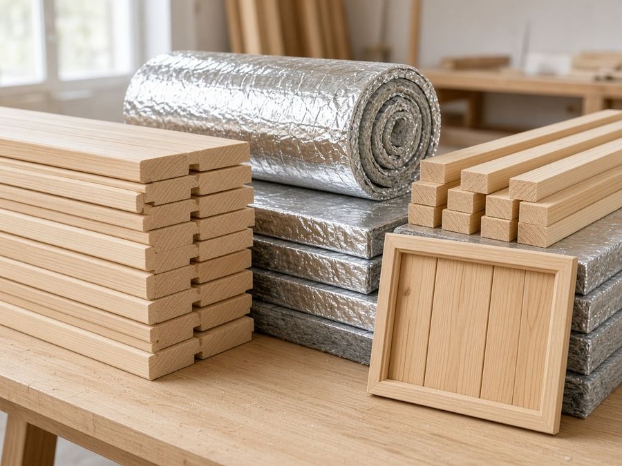 Tongue-and-groove timber boards, foil-faced insulation, battens, and a lining sample on a workshop bench.