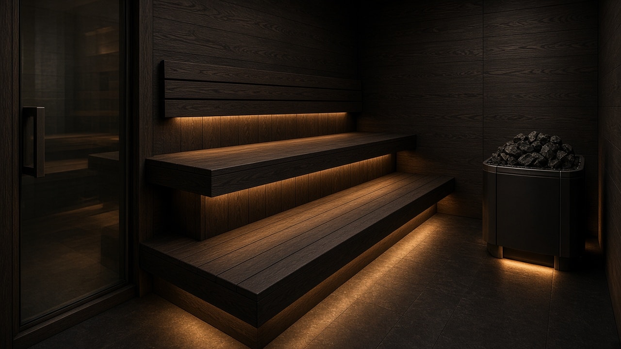 Dark wood sauna with lit tiered benches, a glass door, and a compact heater topped with stones.