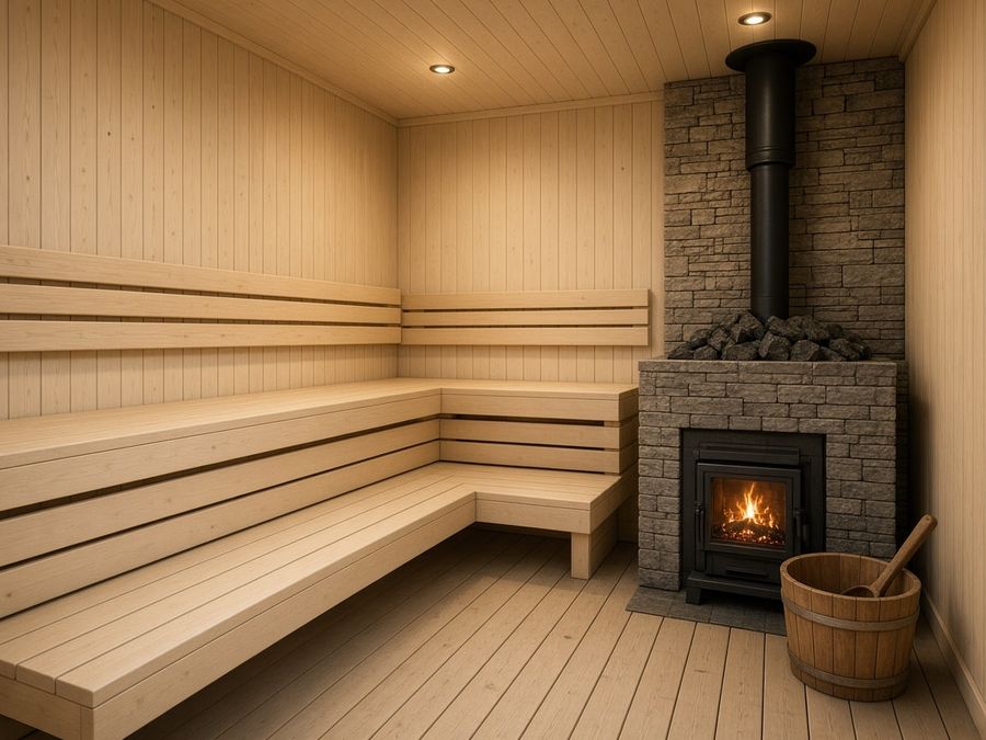 Pale aspen sauna with L-shaped benches, a stone stove surround, and a wooden bucket.