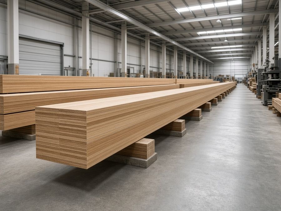 Long laminated timber beams stacked on supports inside a bright production hall.