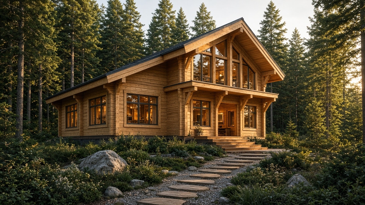 A two-story glued-laminated timber house with a glazed gable, set among tall conifers.