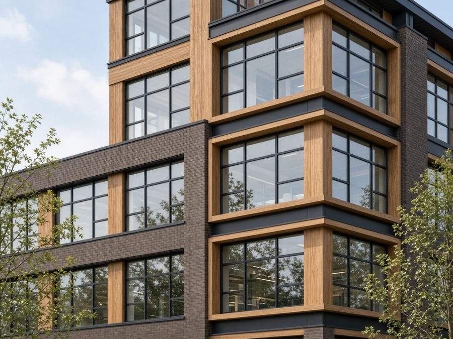 Wooden window frames set into the facade of a multi-story brick and timber office building.