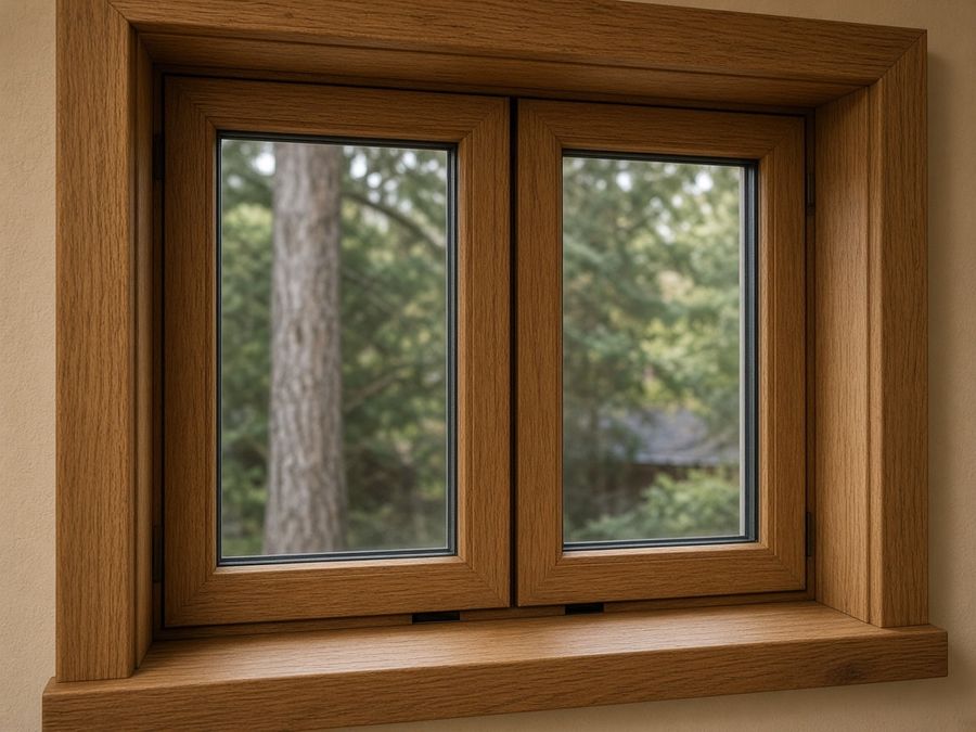 A close view of a two-sash wooden window with a thick timber frame and insulated glass.