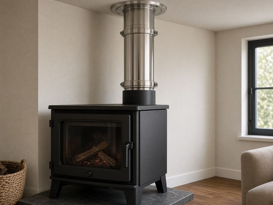 Stainless-steel insulated chimney kit rising from a wood stove through a ceiling connector.