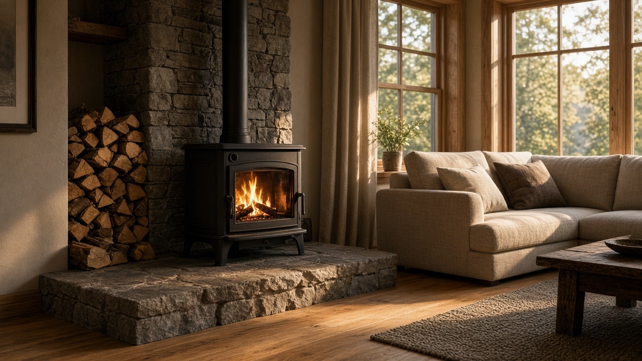 Cast-iron wood-burning stove on a stone hearth in a sunlit living room with stacked firewood.