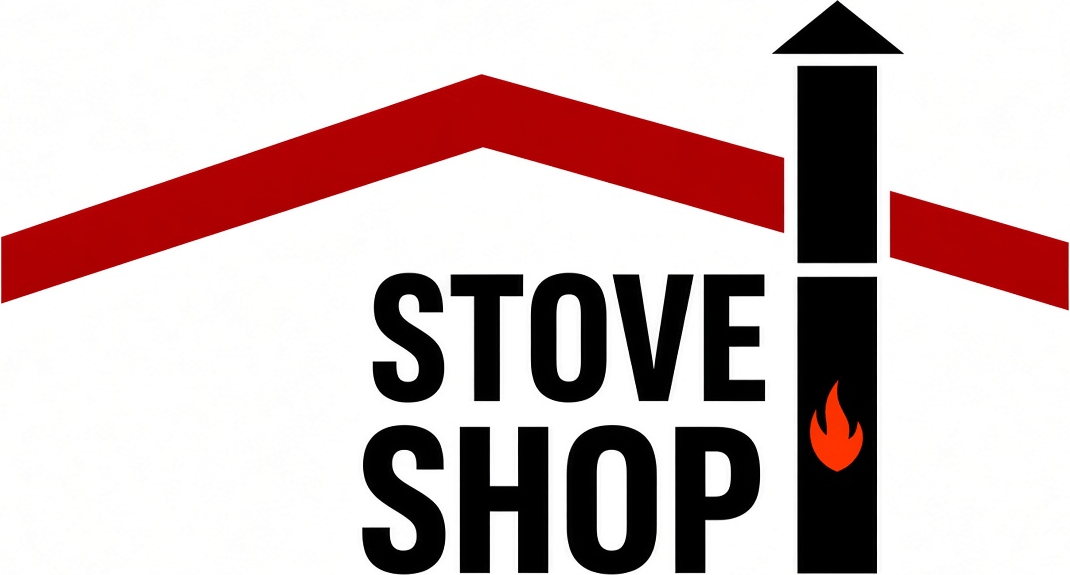 Stove Shop logo: red roof line, chimney with a flame, and the English wordmark Stove Shop.