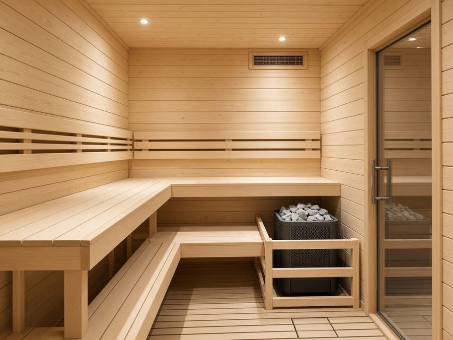 Completed light-timber sauna with a ceiling vent grille, glass door, and heater behind a guard rail.