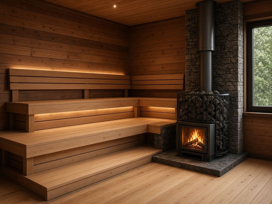 Two-level cedar sauna with a wood-fired heater, stone surround, and under-bench lighting.