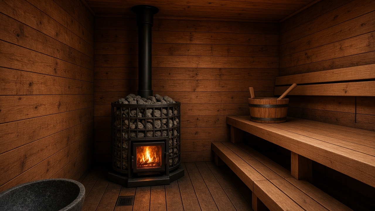 Wood-fired sauna stove with a stone cage installed in a timber bath interior beside cedar benches.