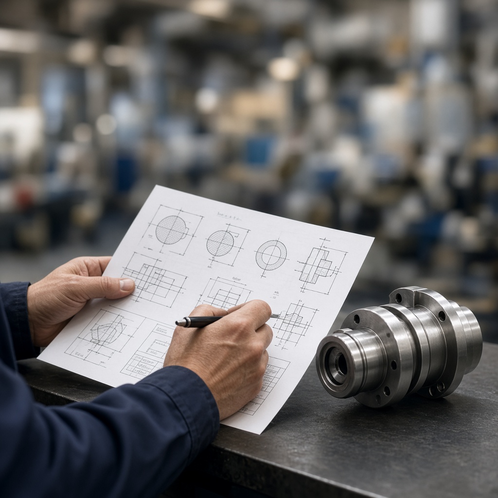 Engineer reviewing a specification beside a precision-machined part.