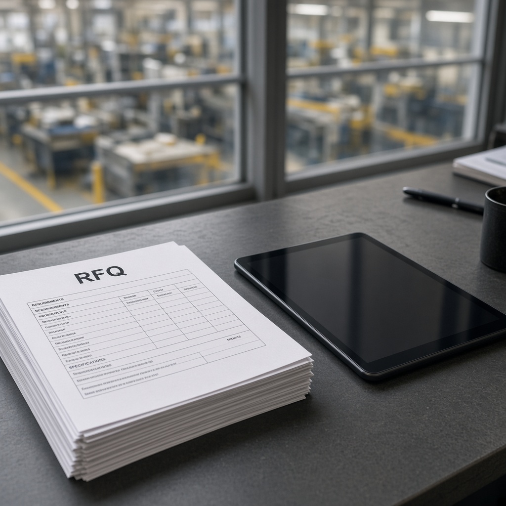 Unmarked documents and a tablet on an industrial desk.