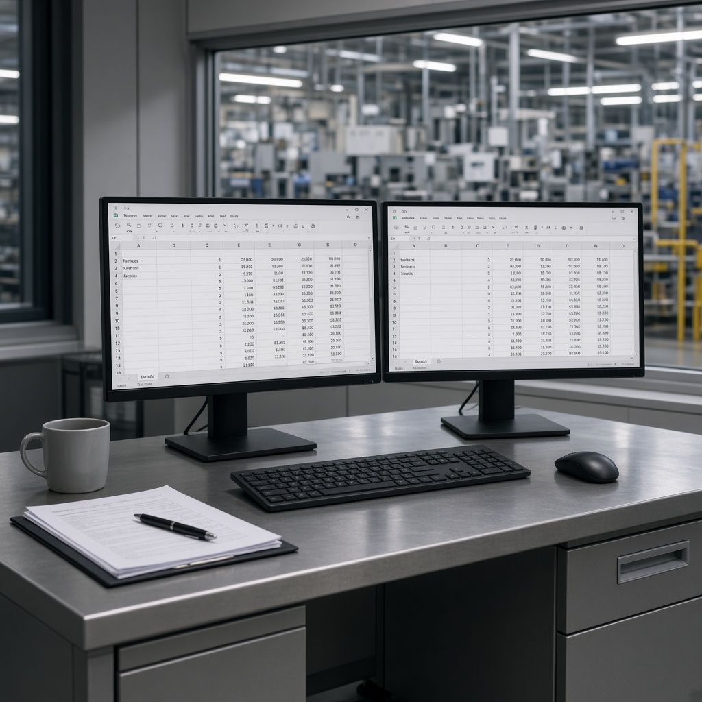 Unmarked monitors on a steel desk in a manufacturing office.