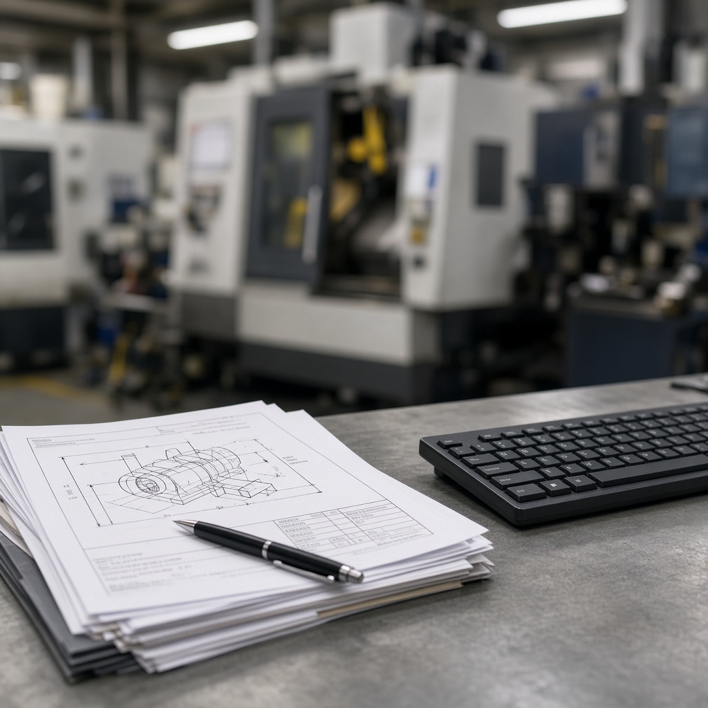 Technical documents on a workbench in a manufacturing plant.