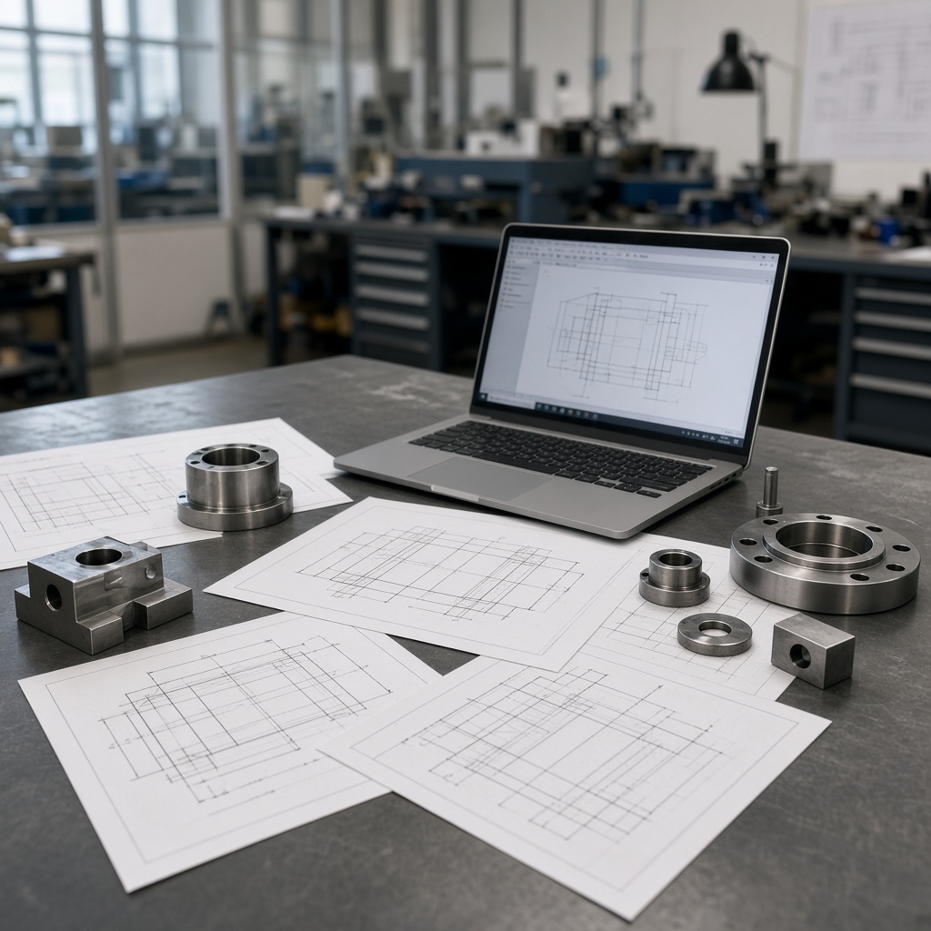Unmarked manufacturing drawings and metal parts on a factory office table.