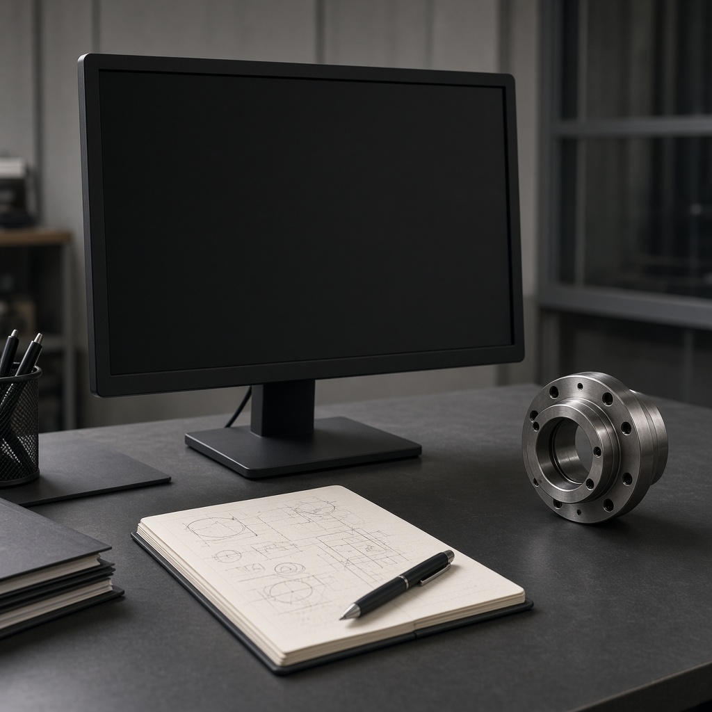 Industrial office desk with a dark unmarked monitor beside a machined metal part.