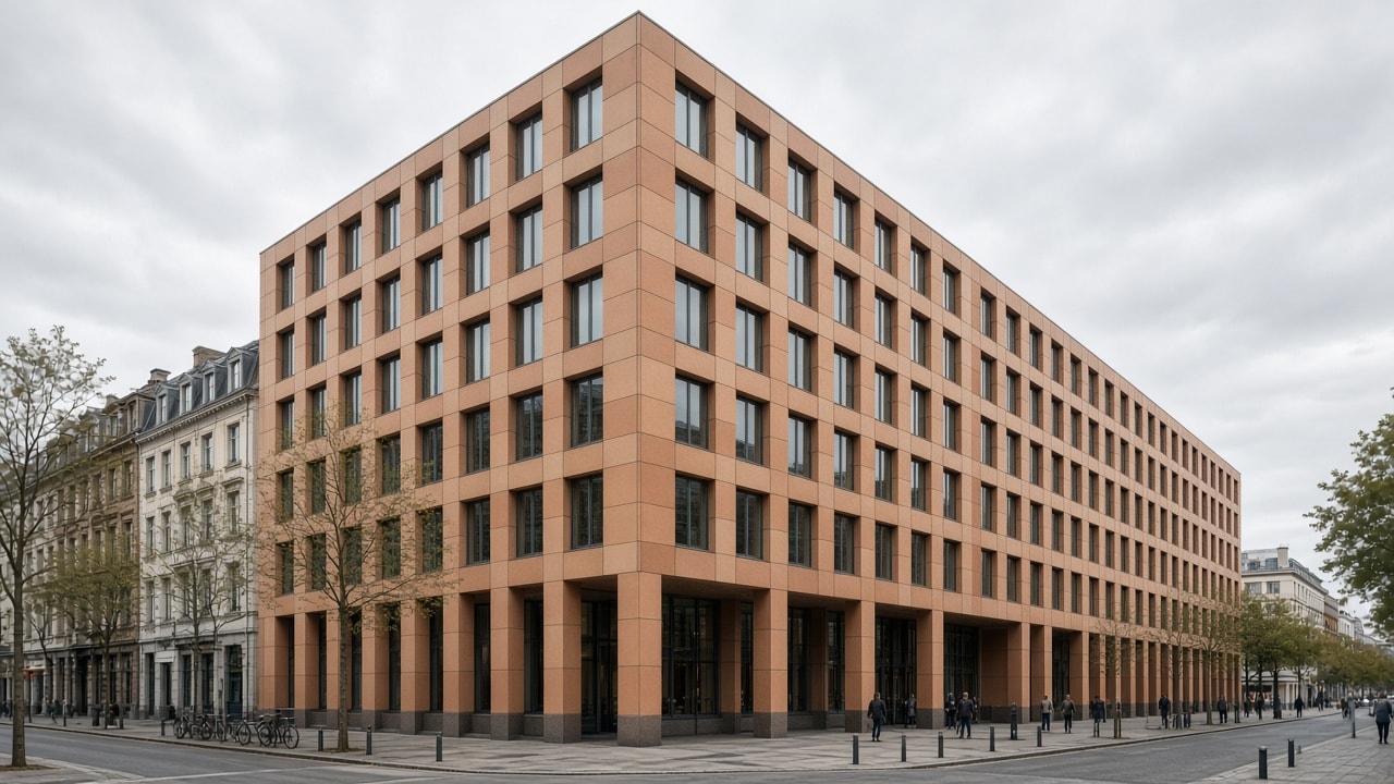 Large civic office building with a terracotta and sand ventilated cassette facade and visible panel joints.