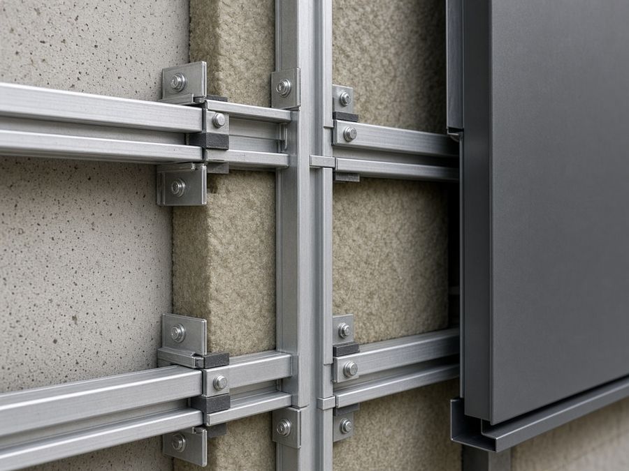Close-up of aluminum facade rails, brackets, insulation and fasteners behind a rainscreen panel.