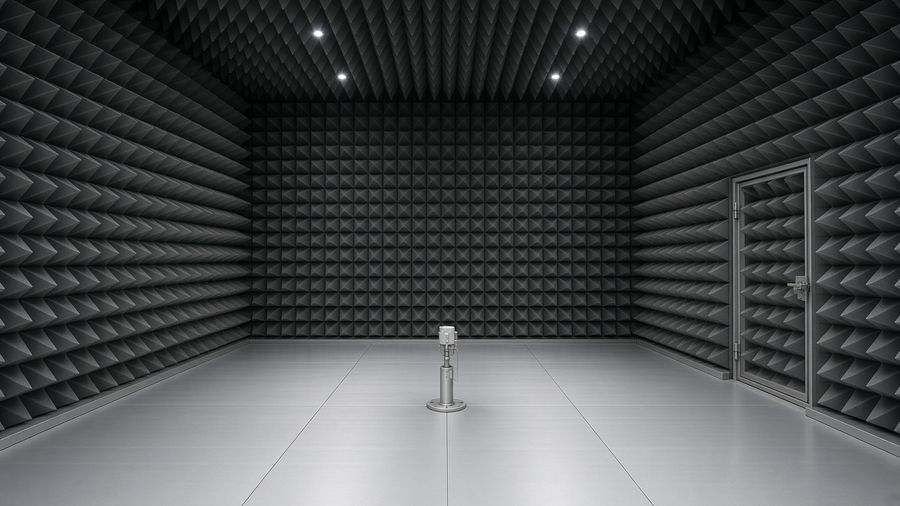 Interior of a full electromagnetic anechoic chamber lined with pyramidal RF absorbers.