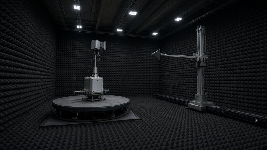 Antenna measurement installation with a positioning turntable inside an absorber-lined hall.